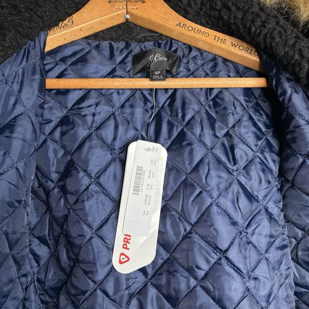 J.Crew Perfect Winter Parka Eco Friendly Primaloft Women Small Black Fur Hood